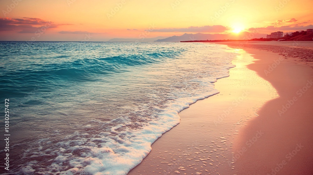 Poster gentle waves lapping on a quiet sandy beach with a pink and orange sunset reflecting on the water fo