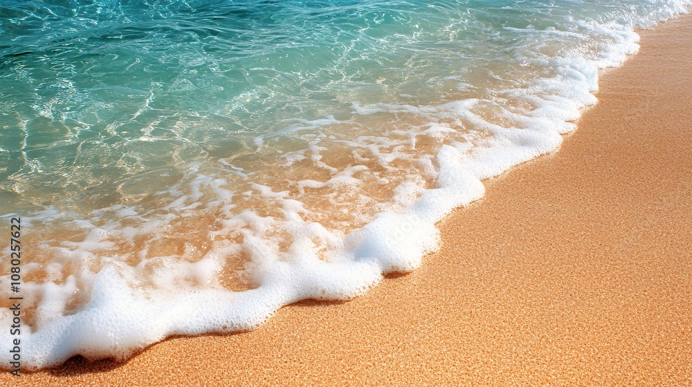 Poster gentle waves lapping on a quiet sandy beach with a pink and orange sunset reflecting on the water fo
