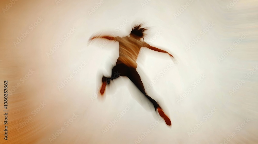 Poster dynamic motion blur of a person leaping against a soft gradient background