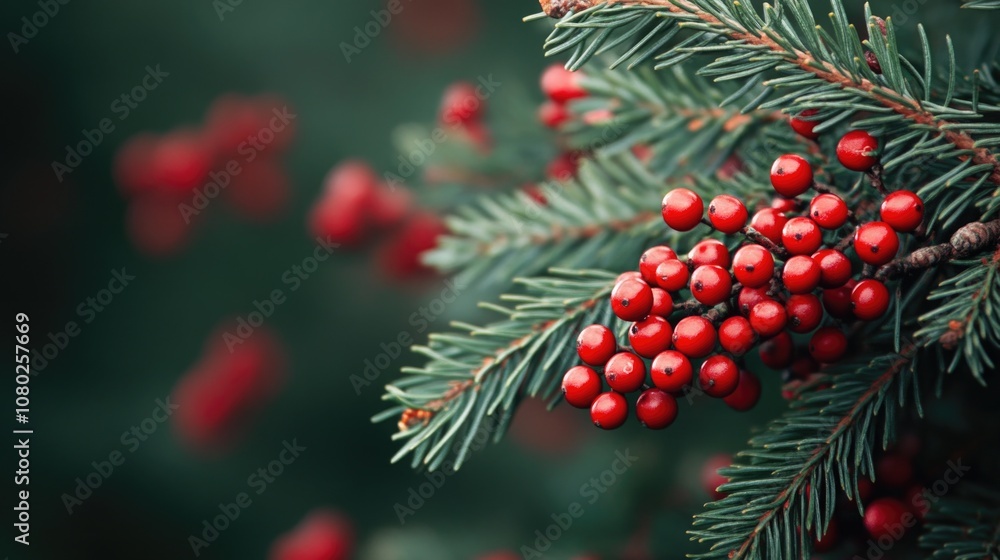 Poster a close-up view of a tree branch featuring bright red berries, ideal for use in nature-themed design