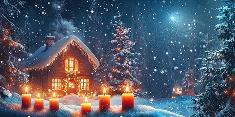 Burning Candles in the snow with Santa Claus house in background. Empty space to add text. Generative Ai