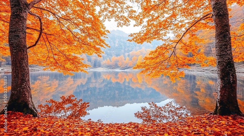 Aufkleber A still lake surrounded by autumn trees with leaves in shades of orange and red reflecting in the calm water with side empty space for text Stockphoto style