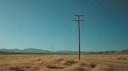 Obraz premium A solitary telephone pole stands in the middle of a desert landscape, with nothing but sand and sky surrounding it