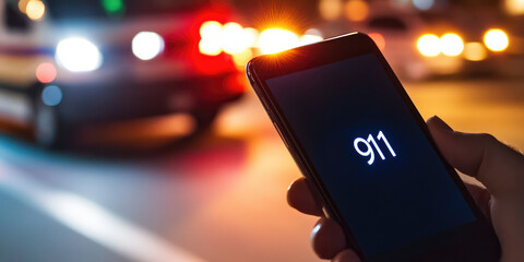 Hand holding a smartphone with 911 call on the screen, blurred ambulance with flashing lights in the background, copy space
