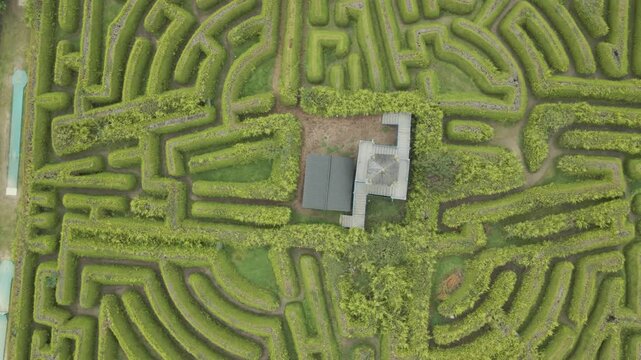 Kildare maze in ireland with dense green hedges and a central tower structure, aerial view