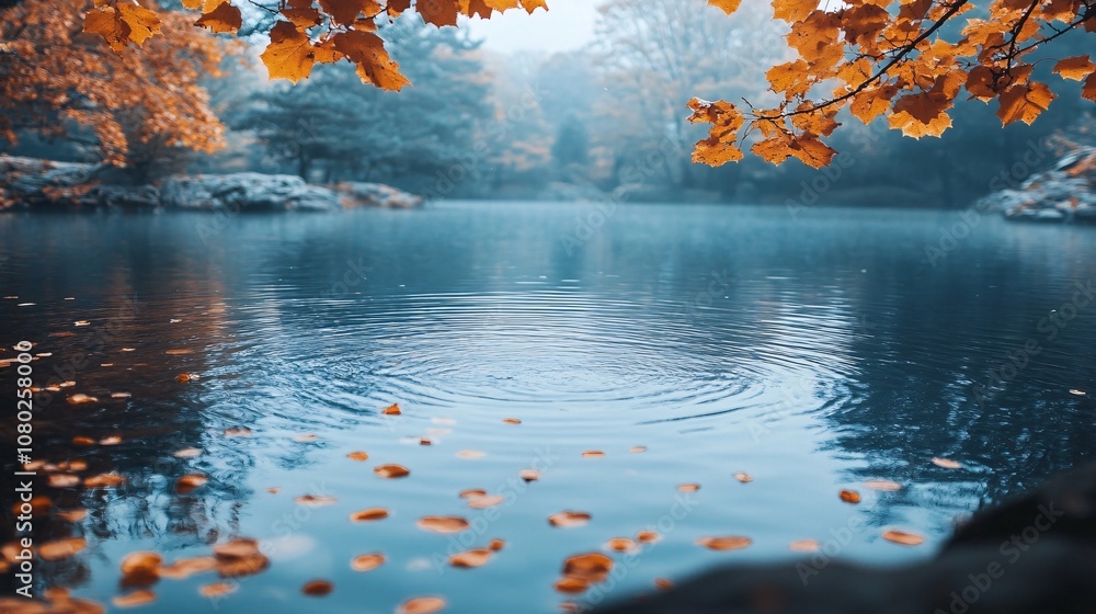 Poster A still lake surrounded by autumn trees with leaves in shades of orange and red reflecting in the calm water with side empty space for text Stockphoto style