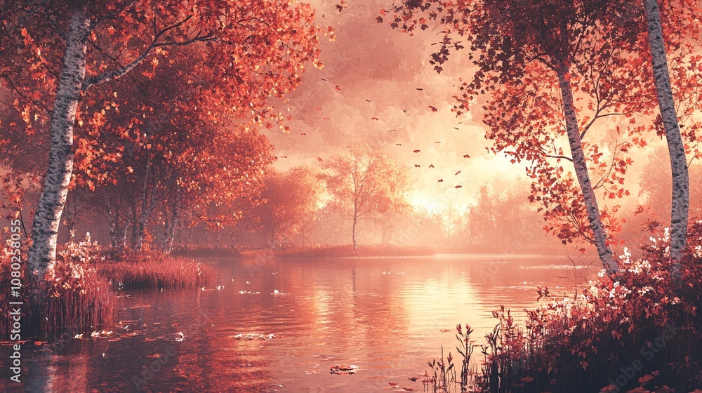 Aufkleber A still lake surrounded by autumn trees with leaves in shades of orange and red reflecting in the calm water with side empty space for text Stockphoto style