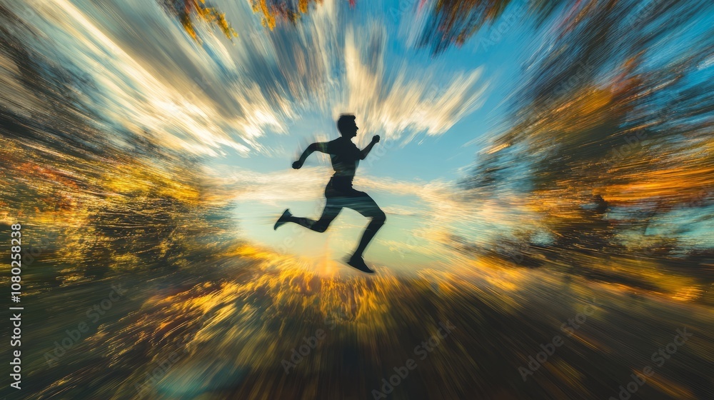 Poster dynamic motion blur of a runner in vibrant autumn forest capturing speed and energy