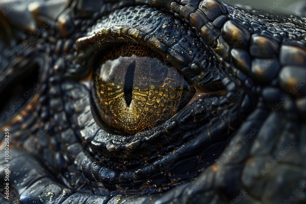 Poster a close-up view of an alligator's eye, highlighting its unique features