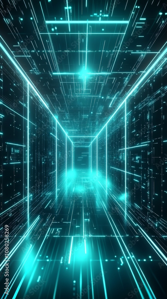 Poster an abstract artwork features a vibrant neon tunnel with glowing lines and intricate patterns, captur