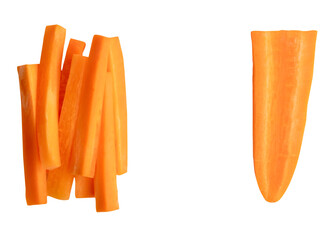Top view set of orange carrot slice or piece in stick shape in stack isolated with clipping path in...