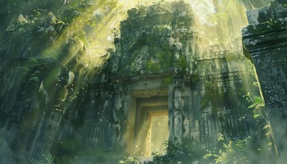 Ancient Stone Gateway Overgrown with Vines and Moss in a Lush Forest