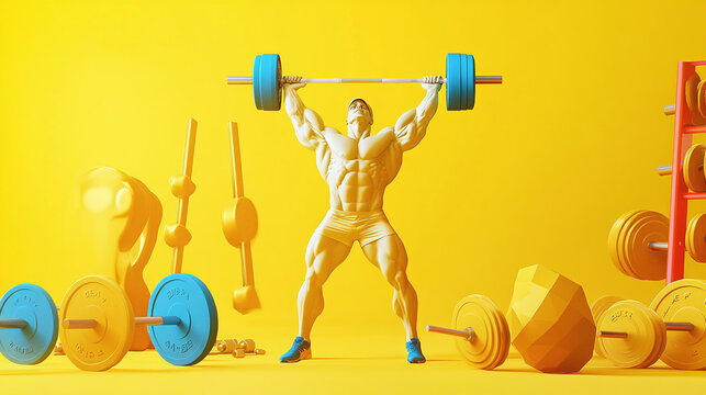 .A powerful crossfitter statue lifting weights, surrounded by vibrant gym equipment, on a bright yellow background