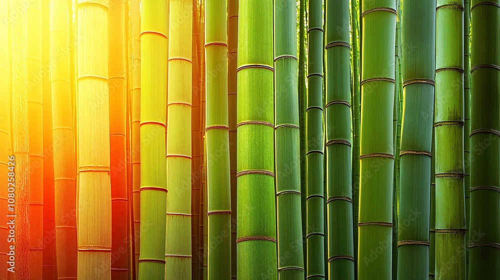 Poster Sunlight streaming through tall bamboo stalks in a quiet bamboo forest creating a sense of calm and serenity with side empty space for text Stockphoto style
