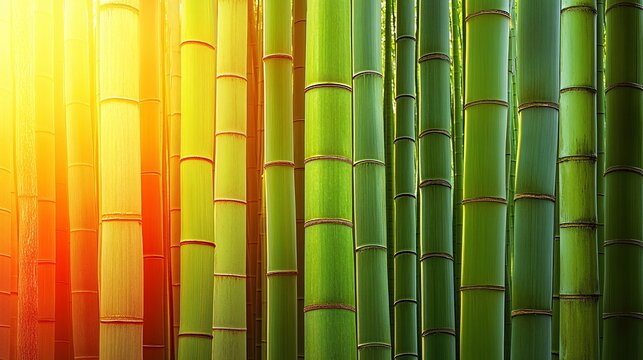 Sunlight streaming through tall bamboo stalks in a quiet bamboo forest creating a sense of calm and serenity with side empty space for text Stockphoto style