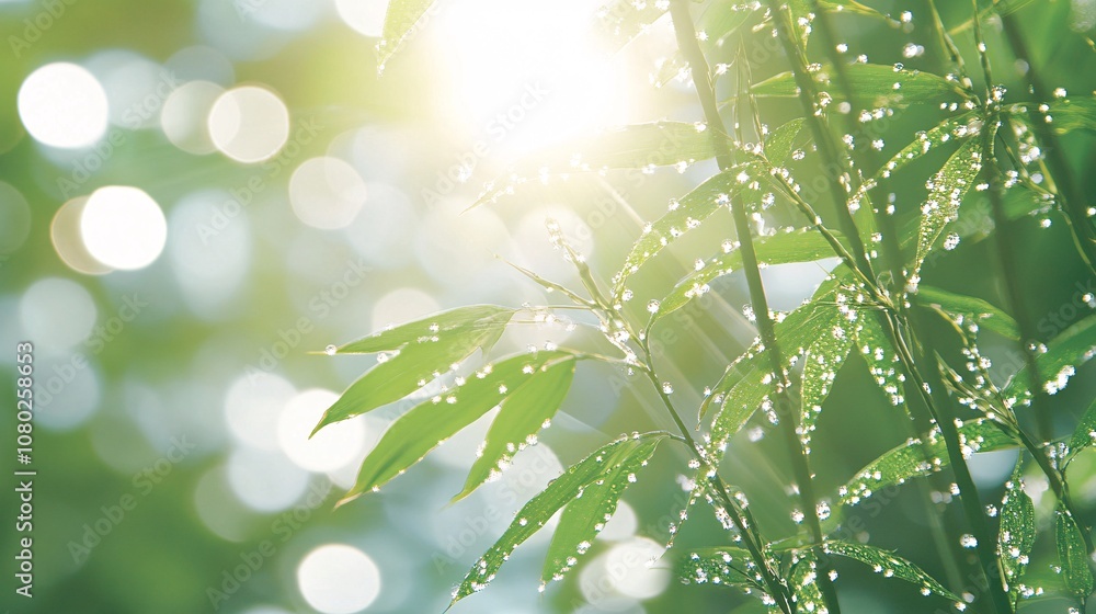Poster Sunlight streaming through tall bamboo stalks in a quiet bamboo forest creating a sense of calm and serenity with side empty space for text Stockphoto style