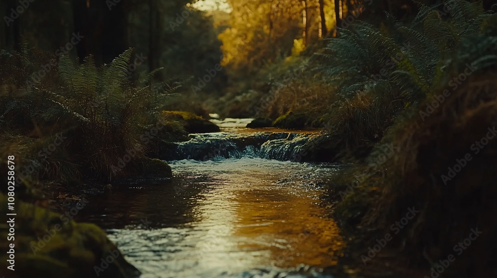 Poster mountain stream flowing over smooth stones surrounded by ferns and moss with a soft, peaceful ambian