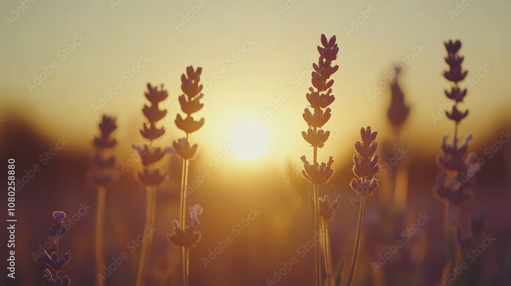 Poster Soft focus of lavender fields under a setting sun creating a dreamy atmosphere perfect for relaxation themes with side empty space for text Stockphoto style