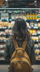 Fototapeta premium A woman is shopping in a store with a yellow backpack on her back