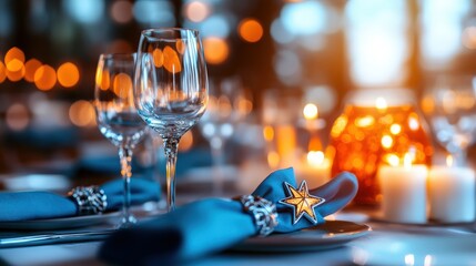 A beautifully arranged dining table with blue-starred napkins neatly folded around glasses, creating an inviting and cozy dining ambiance illuminated by warm lighting.