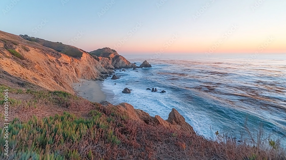Poster seaside cliffs with grassy slopes overlooking a tranquil ocean at sunrise providing a peaceful coast