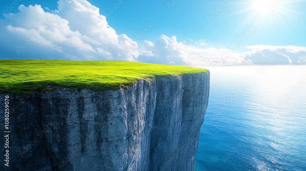 Poster seaside cliffs with grassy slopes overlooking a tranquil ocean at sunrise providing a peaceful coast