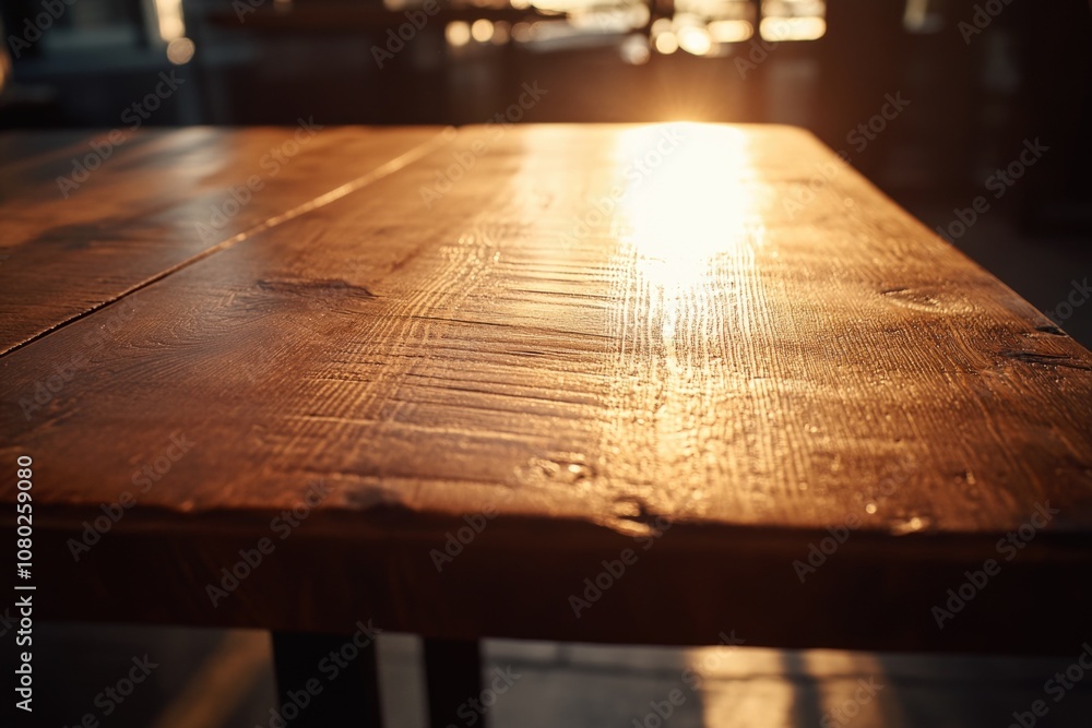 Poster A close-up view of a wooden table with the sun shining through the background, creating a warm atmosphere