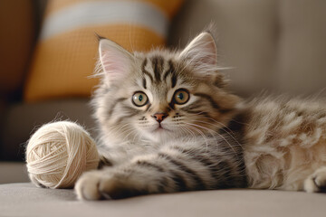 A fluffy kitten playing with a ball of yarn in a cozy living room, showcasing the charm of indoor pets. A kitten enjoying playtime indoors.


