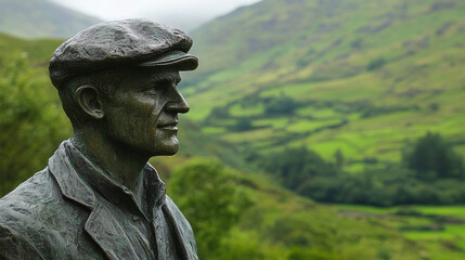 A proud Irish man statue in a flat cap, set against a lively green landscape background