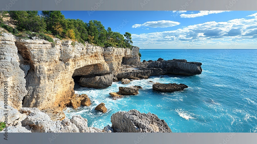 Poster rocky shoreline with waves gently splashing against the rocks under a clear blue sky for a serene co