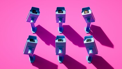 3d render. Multiple security cameras on a pink wall, focused up direction. Metaphor of total control. Video monitoring. 3d render
