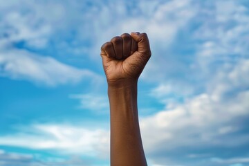 Raised Fist Against Blue Sky Symbolizing Strength, Unity, and Empowerment