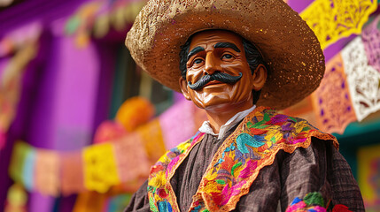 Naklejka premium .A proud Latino man statue in traditional attire, surrounded by bright papel picado, on a vivid purple background