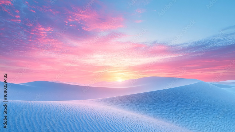 Poster Expansive desert landscape at dawn with gentle dunes and soft, warm colors providing a calm and contemplative space with side empty space for text Stockphoto style