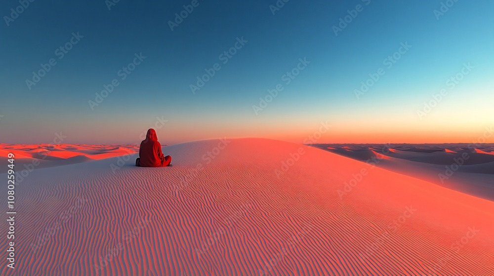 Poster Expansive desert landscape at dawn with gentle dunes and soft, warm colors providing a calm and contemplative space with side empty space for text Stockphoto style
