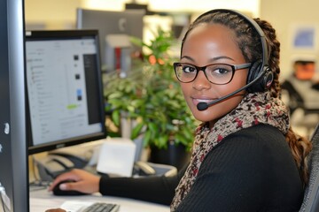 Dedicated customer service representative providing exceptional support while engaged at her desk