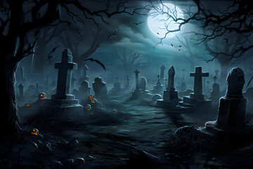 A misty cemetery scene under the full moon with ghostly tombstones and glowing jack-o-lanterns. Perfect for Halloween themes and horror stories or dark fantasy backdrops. Selective focus