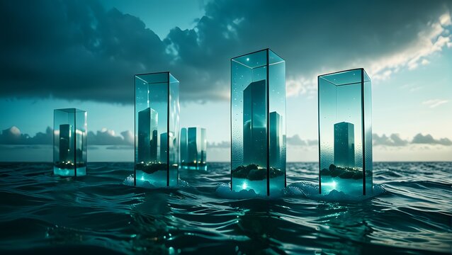 Floating glass towers in ocean, surreal lighting, hyperreal textures, otherworldly.