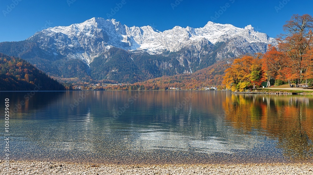 Poster Alpine lake with clear water reflecting snow-capped mountains under a cloudless sky capturing pure tranquility with side empty space for text Stockphoto style