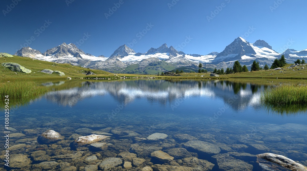 Poster alpine lake with clear water reflecting snow-capped mountains under a cloudless sky capturing pure t