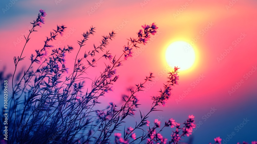 Poster open meadow with tall grass and wildflowers swaying gently in the breeze under a pastel-colored suns