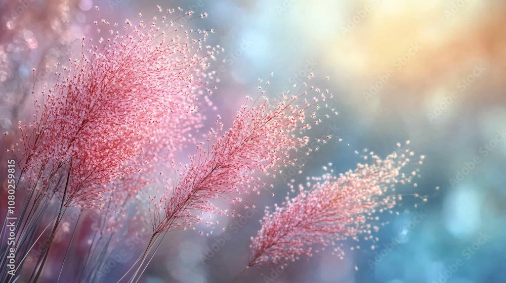 Poster open meadow with tall grass and wildflowers swaying gently in the breeze under a pastel-colored suns