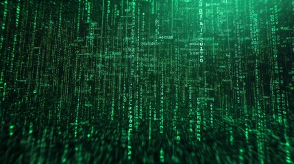 Fototapeta premium A captivating view of cascading green binary code in a digital environment, representing the matrix concept during a cyber-themed event