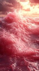 Fototapeta premium A vibrant, swirling ocean scene with pink-tinted waves at sunset.