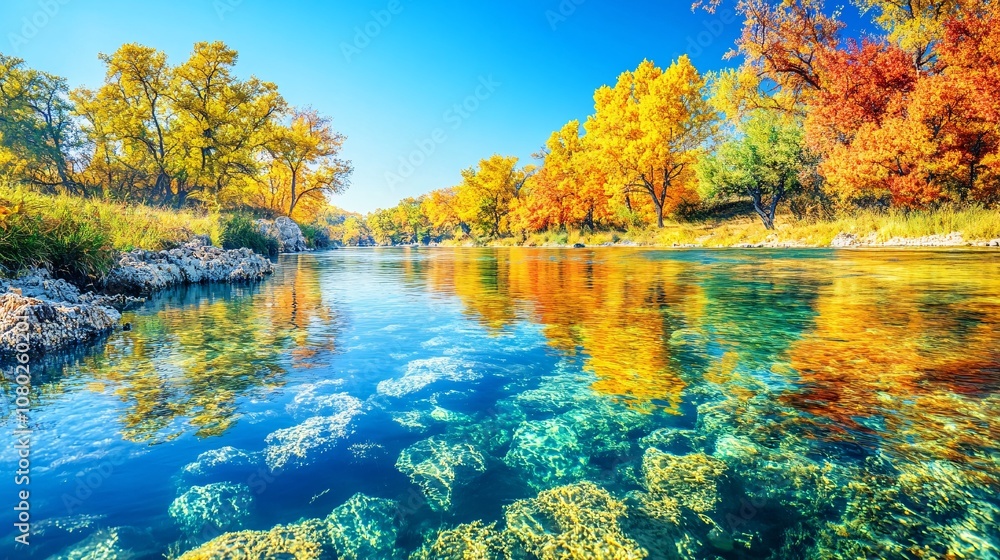 Poster Quiet river bend with clear water and a view of trees in early autumn colors reflecting on the surface with side empty space for text Stockphoto style
