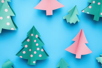 Obraz premium Simple Paper Christmas Tree Crafts for Kids: Pink and Green Color Palette, Colorful Paper Balls on Top of Each Tree