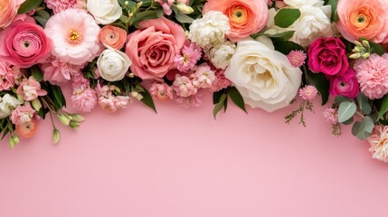 blossoming delicate roses and ranunculus flowers festive background, pastel and soft bouquet floral card. ai generated