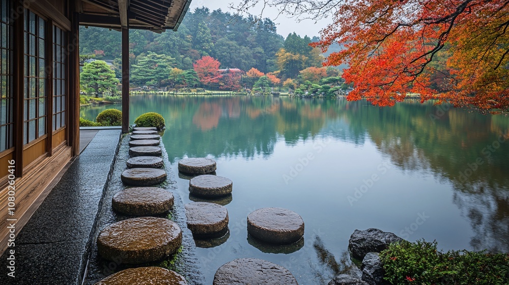 Aufkleber a tranquil japanese garden with carefully arranged stones and a peaceful pond surrounded by greenery