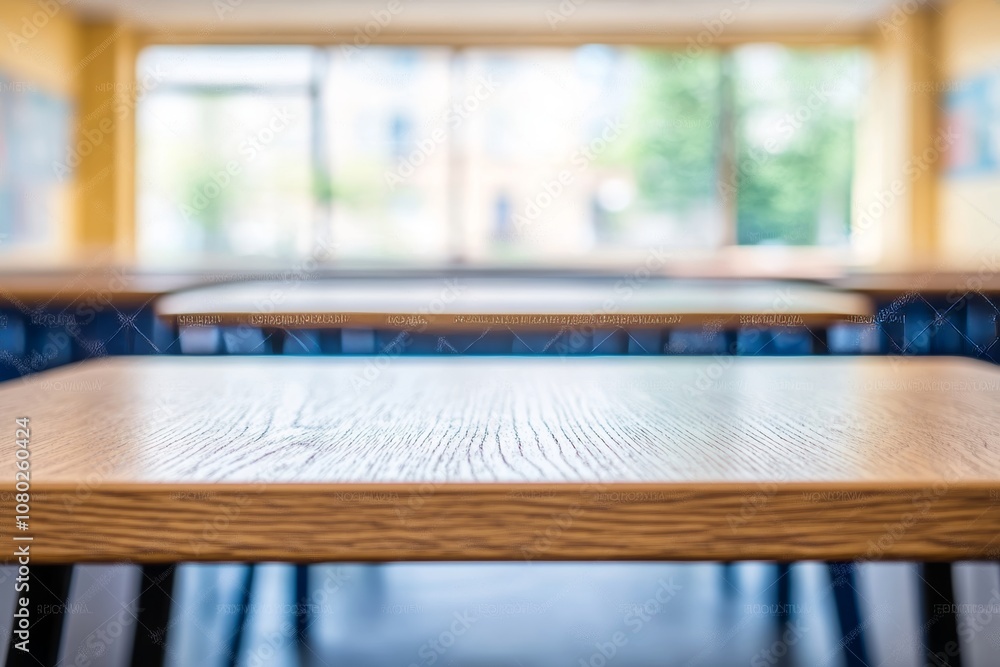 Poster empty wooden table in modern classroom with blurred class environment in background