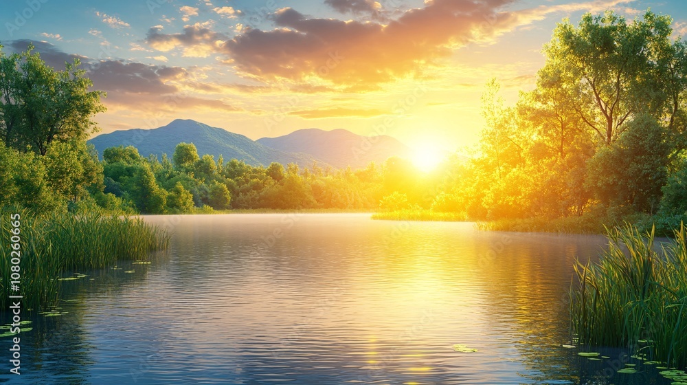 Fototapete Row of pine trees along a peaceful lake with still water and a mountain backdrop under a soft sky with side empty space for text Stockphoto style
